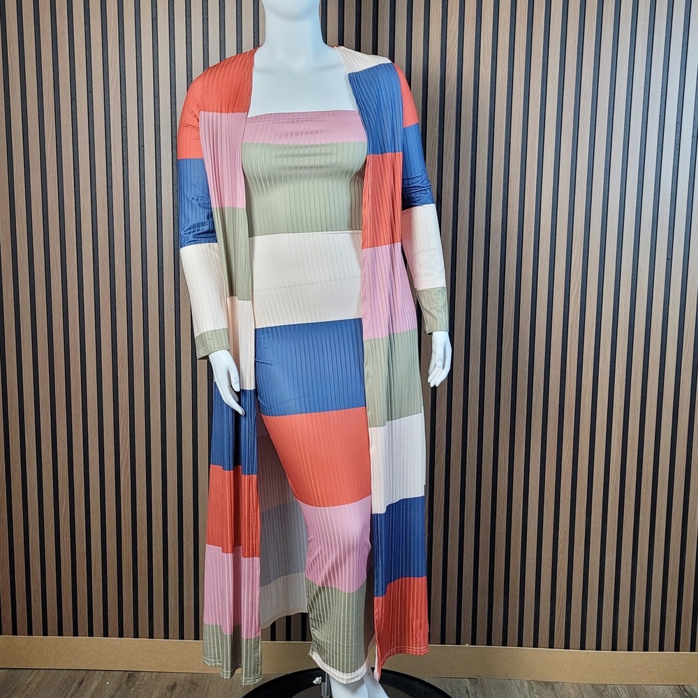 Unbranded 2 Piece Set Ribbed Colorblock Tube Dress & Cardigan Multi XL